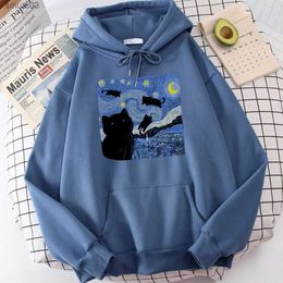 Men's Hoodies Sweatshirts Starry Cat Night printed hoodie for mens autumn oversized hoodie fashionable wool sweatshirt casual S-Xxl zippered topL2403