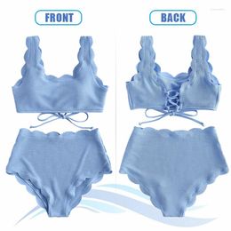 Women's Swimwear Women High Waist Bikini Set Scalloped Textured Solid Two Pieces Push Up Beach Bathing Suits Lace Biquinis