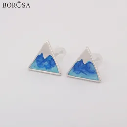 Stud Earrings BOROSA 10Pairs Fashion 92.5% Pure Silver Plated 10mm Triangle Shape Blue Paint Jewelry For Lady As Gifts WX1150