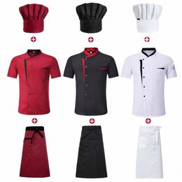 summer Chefs Short Sleeve Set Restaurant Hotel Kitchen Workwear Men Breathable Thin Chef Jacket Apr chef coat with hat Women M85a#