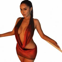 halter Mini Backl Dr Sexy Club Outfit for Woman Summer 2023 See Through Abstract Fr Print Mesh Dres 605 c5SW#