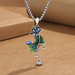 Disposable Flatware Retro Enamel Cloisonne Lotus Leaf Necklace Women's Literary Ethnic Style Long Sweater Chain Pendant For Lady Gift