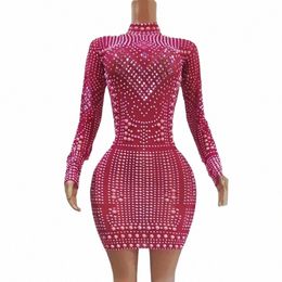 sparkly Diamds Peals Rose Red Lg Sleeve Bodyc Sexy Stage Short Dr Birthday Evening Singer Stage Show Photoshoot Dr 79Yu#