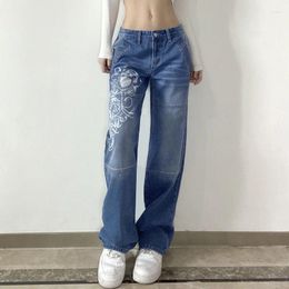 Women's Jeans Printed Denim Cargo Y2K Dark Blue Brown High Waist Streetwear 90S Baggy Women Loose Pants Straight Wide Leg