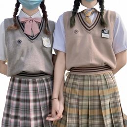new Sweater Knit Vest Japanese Girls College JK Uniform Student Spring Autumn Thin V-neck Hamana Sakura Embroidery Khaki Grey q9jX#