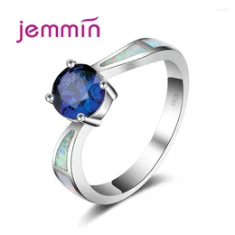 Cluster Rings Fashion Rainbow Opal Ring With Crystal Silver Jewellery Blue For Women Wedding Accessory USA Size