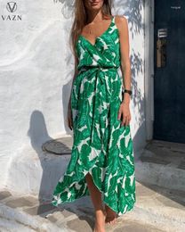 Casual Dresses VAZN 2024 Women Sexy Holiday Girl Style Long Dress Sleeveless Deep V Printed Lady Ankle Length