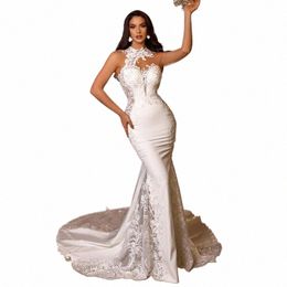 halter Neck Sleevel Sexy Mermaid Wedding Dr Lace Appiques Soft Satin Backl Court Train Bridal Gowns Vestidos De Novia 24jI#