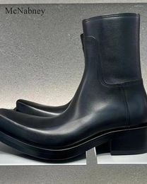 Boots 2024 Black Women Mid-Calf Square Toe Chunky Middle Heels Zipper Design Rome And Street Style Comfortable Soft