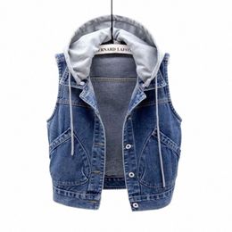 new Denim Vest Women's Spring Autumn Clothes Sleevel Wild Tops Short Hooded Jacket Women Denim Jeans Vest Jacket Female G32n#