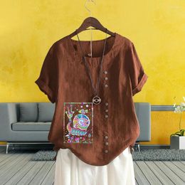 Women's T Shirts Summer 11 Colours Women Loose Leisure Beautiful Graffiti Printed Linen Tops Round Neck Short Sleeve Solid Blouse XS-5XL