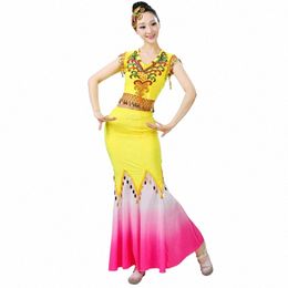 chinese Folk Dance Dr Sequins Belly Dance Costume Peacock Dai Fish Tail Leotard Dancewear 4XL Q365 l1QX#