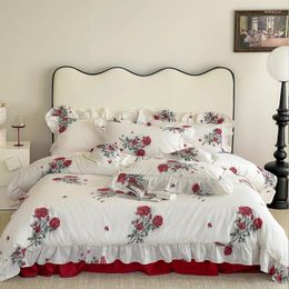 Bedding Sets White Princess Set Cotton Red Rose Flowers Print Ruffles Duvet Cover Bedspread Bed Sheet Pillowcases Home Textile