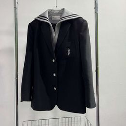Early Spring New YangshulinFresh Academy Style Letter Embroidery Fake Two Navy Collar Suit Jackets