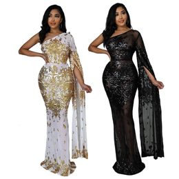Summer Women Sequined Mesh See Though One Shoulder One Long Clock Sleeve Bodycon Nightclub Sexy Party Style Birthday Maxi Dress 240315