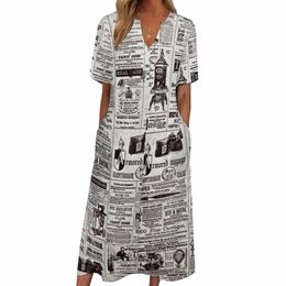 texture Newspaper Dr Vintage Print Kawaii Maxi Dr V Neck Pattern Boho Beach Lg Dres Street Style Oversized Clothes 32Qx#