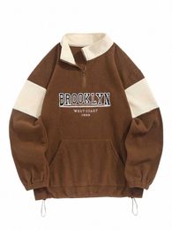 zaful Colorblock Turtleneck Sweatshirt for Men Letter Embroidery Polar Fleece Thermal Lined Quarter-Zip Pullover Sweats Z5073222 y0tX#