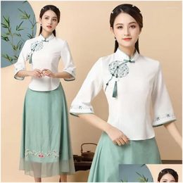Ethnic Clothing 2 Pc Set Traditional Chinese For Women Cheongsam Tops Impd Retro Elegant Tang Suit Zen Hanfu Shirt Skirt Drop Delivery Otsig