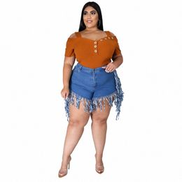 cm.yaya Women Jeans Plus Size Solid Ripped Fringe Tassel Zipper Pockets Strechy Denim Shorts Sexy Fi Streetwear Summer 2021 g2wf#