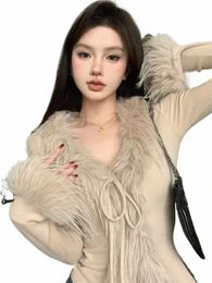 solid Colour Fur Knitted V-neck Tie Cardigan Women Clothes Cropped Fi Hot Girls Y2k Tops Korean Atmosphere Slim Fit T-shirt t0Ra#