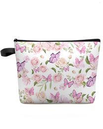 Cosmetic Bags Flowers Butterfly Pink Rose Makeup Bag Pouch Travel Essentials Lady Women Toilet Organiser Storage Pencil Case