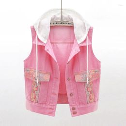 Women's Vests Summer Pink White Hooded Denim Vest Women Waistcoat Casual Short Sleeveless Jacket Coat Korean Lace Splicing Jeans Female