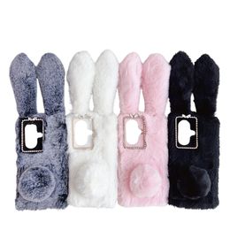 3D Rabbit Fluffy Cases For Samsung A05 A05S A15 A25 5G A35 A55 X Cover 7 One Plus Nord CE 3 12 12R ACE 3 Genuine Hair Plush Bling Diamond Fur Fuzzy Tail Soft TPU Ear Cute Cover