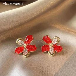 Stud Earrings HUANZHI Red Zircon Flower Earring Elegant Charm Sweet Jewelry Gift Korean 2024 Spring For Women Girls