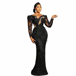 black Elegant Mermaid Prom Dr Lace Lg Sleeves Tassel V-Neck Formal Party Dr Robe Evening Dres For Women De Mariee a6eF#