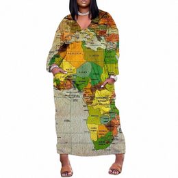 somo Spring Dr for Plus Size Women 2023 Causal Fi Map Printed Lg Sleeve Dres with Pockets Wholesale Dropship Y6x9#
