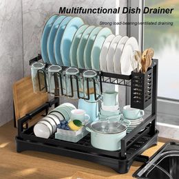 Kitchen Storage 2 Tier Dish Drying Rack With Cups Holder Sink Organiser Racks Large Capacity Multifunctional Home Organisation