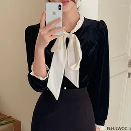 Women's Blouses Bow Tie Black Velvet Tops 2024 Women Korean Style Design Long Sleeve Elegant Office Lady Cute Ribbon Sweet Basic Shirts