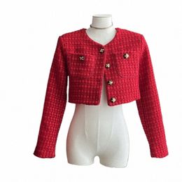 high Quality Chic Autumn Winter Red Woolen Short Jacket Coat Sweet Fi Women O Neck Single Breasted Tweed Weave Cropped Tops t3li#