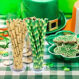 Disposable Cups Straws 25pc Green Bamboo Pattern Drinking Party Tableware Supplies Paper Baby Shower Wedding Birthday