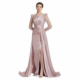 elegant Mother of the Bride Dres Pink Satin Beaded Luxury Wedding Guest Gowns for Women Lg Sleeves Modest Evening Dr Q9OV#