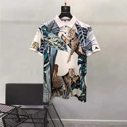 Europe and the United States men's 2024 summer new lapel Short sleeve leopard plant print fashion Casual T-shirt