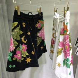 Women's Shorts Women Drilling Floral High Waist Stars Diamonds Short Trousers Black Elastic Wide Legs Sequined Pants