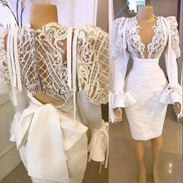 2022 Arabic Sexy Cocktail Dresses Sheath With Bow Satin Knee Length Long Sleeves Ruffles Plus Size Celebrity Prom Party Homecoming311Y