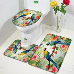 Bath Mats Funny Parrot Mat Set Tropical Plants Leaves Flowers Watercolour Art Home Carpet Bathroom Decor Floor Rugs Toilet Lid Cover