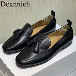 Casual Shoes Round Toe Genuine Leather Flat Loafers Women's Solid Color Tassel Decor Single Spring Autumn Shallow Mouth Walking