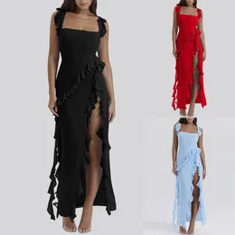 Casual Dresses Elegant High Slit Streamer Ladies Dress Sexy Square Neck Slip Girl Style Long Ruffle Irregular Party