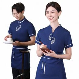dining Teahouse Hot Pot Restaurant Waiter Workwear Short Sleeve Chinese Restaurant Hotel Summer Male and Female Overalls Uniform 53ni#