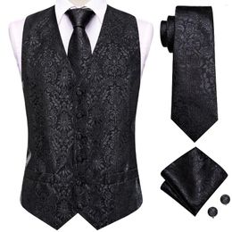 Men's Vests Hi-Tie Silk Mens Suit 4PC Woven Floral Black Waistcoat Tie Pocket Square Cufflink Business Wedding Dress Waist Jacket