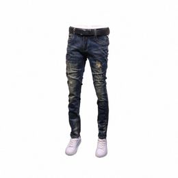 trousers Torn Stretch with Holes Male Cowboy Pants Slim Fit Jeans for Men Tight Pipe Broken Elastic Skinny Ripped Summer Denim M01K#