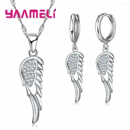 Necklace Earrings Set Angle Wing 925 Sterling Silver Pendants Dangle For Wedding Women CZ Zircon Engagement