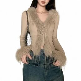 fur Knitted Cardigan Women Furry Collar Outfit Cropped Fi Hot Girls Popular Y2k Tops Autumn Korean Reviews Many Clothes U67i#