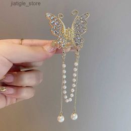 Hair Clips Exquisite rhinestone butterfly tassel hair claw Korean ponytail pearl hair clip Womens clip metal head Y240329