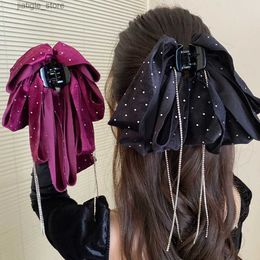 Hair Clips Black Dark Red Hairpin Hair Claw For Women Ponytail Bow Tassel Hair Clips Crab Girls Temperament Hair Claw Hair Accessories Y240329