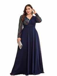 xuibol Plus Size Luxury Chiff Lg Sleeve Evening Dres Women Sequin Blue Wedding Party Cocktail Prom Floor Lenght Gowns P6sv#