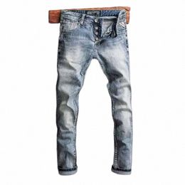 streetwear Fi Men Jeans Retro Light Blue Stretch Slim Fit Ripped Jeans Men Butts Fly VIntage Designer Denim Pants Hombre x481#